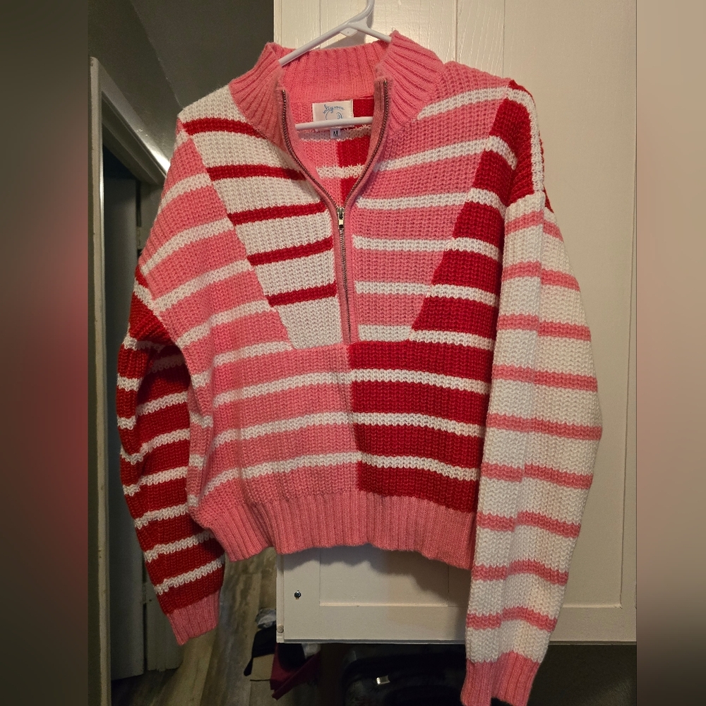 Striped Half-Zip Pullover Sweater - Pink & Red
